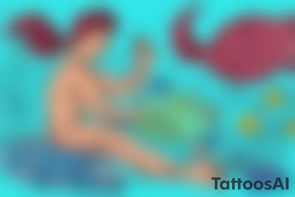 A merman sitting on a rock, surrounded by colorful fish and coral. The merman can be shown with a scuba tank and scuba gear on his back, indicating that he is a modern-day version of the mythical creature. tattoo idea