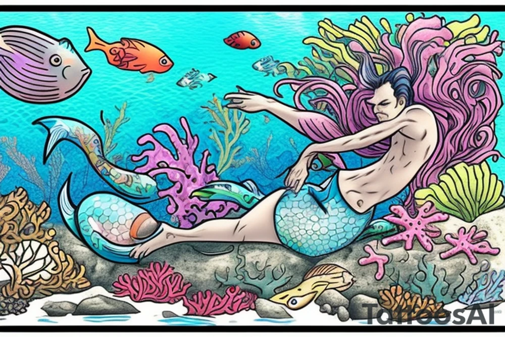 A merman sitting on a rock, surrounded by colorful fish and coral. The merman can be shown with a scuba tank and scuba gear on his back, indicating that he is a modern-day version of the mythical creature. tattoo idea