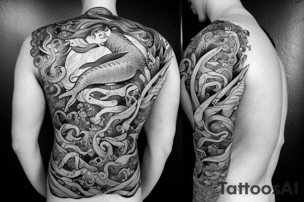 A merman sitting on a rock, surrounded by colorful fish and coral. The merman can be shown with a scuba tank and scuba gear on his back, indicating that he is a modern-day version of the mythical creature. tattoo idea