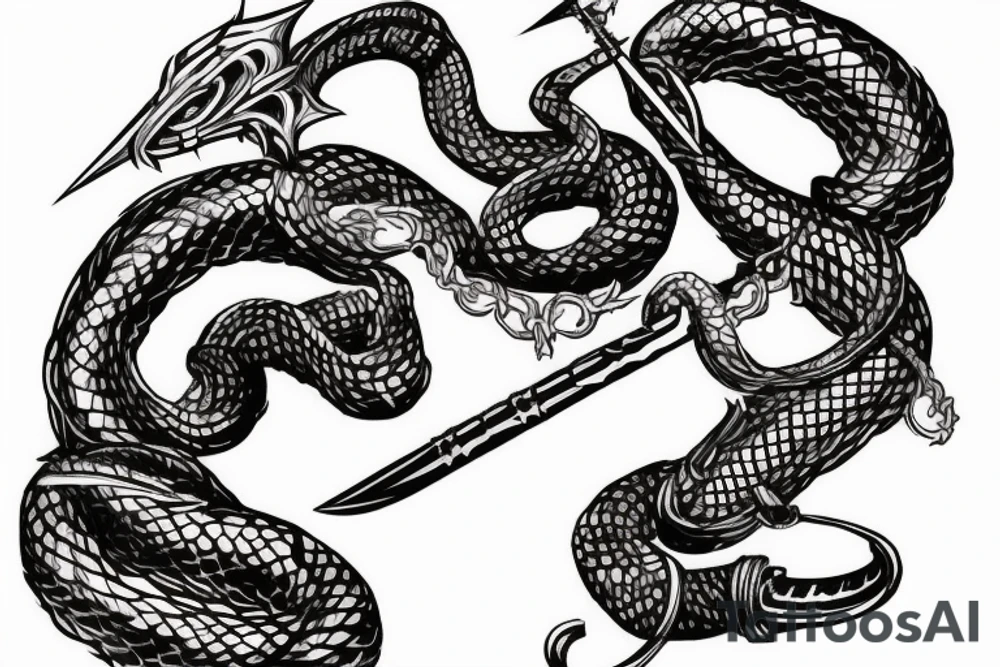 snake wrapped around a sword, cyberpunk irish viking style tattoo idea