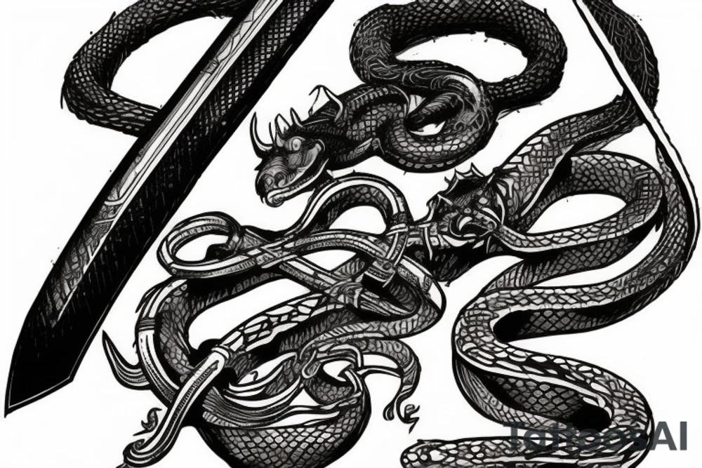 snake wrapped around a sword, cyberpunk irish viking style tattoo idea