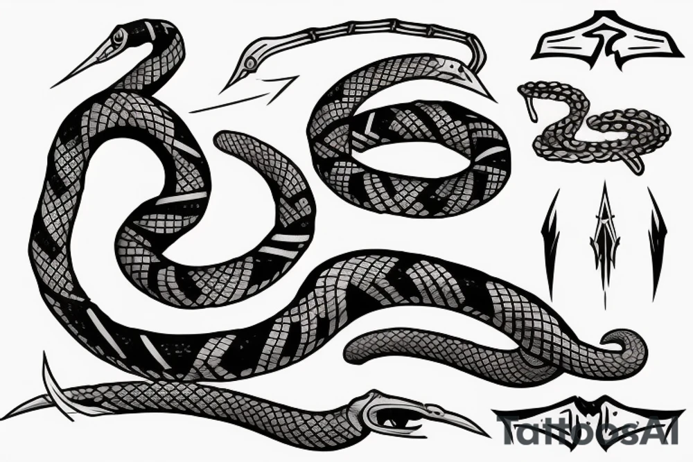snake wrapped around a sword, cyberpunk irish viking style tattoo idea
