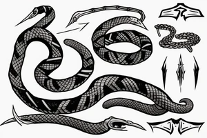 snake wrapped around a sword, cyberpunk irish viking style tattoo idea