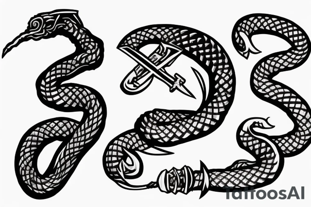 snake wrapped around a sword, cyberpunk irish viking style tattoo idea