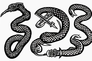 snake wrapped around a sword, cyberpunk irish viking style tattoo idea