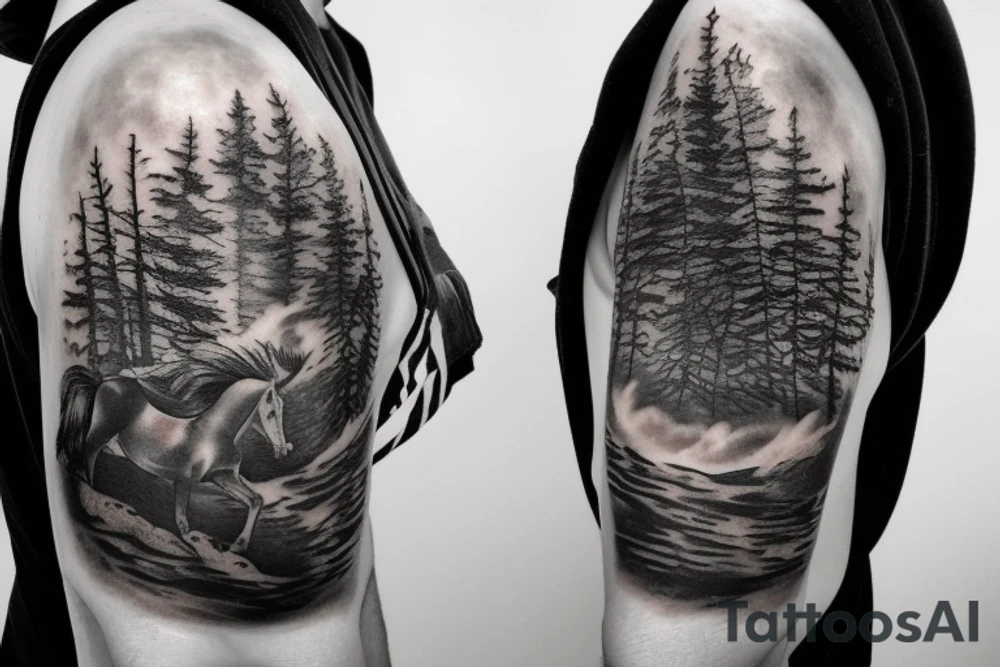 Air force fighter jet flying above a forest where a horse grazes near the forest tree line tattoo idea