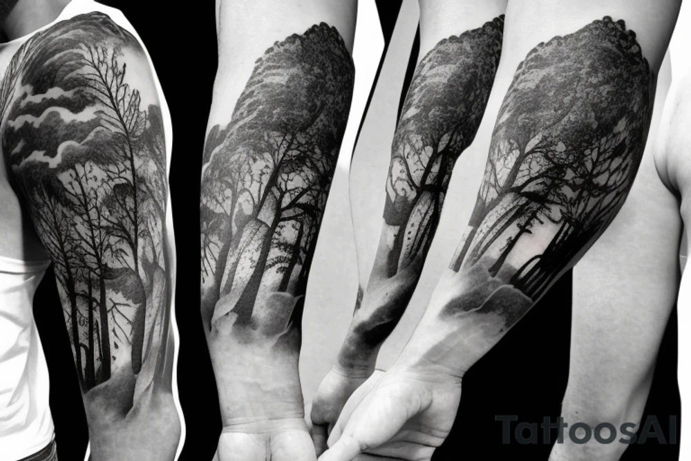 Air force fighter jet flying above a forest where a horse grazes near the forest tree line tattoo idea