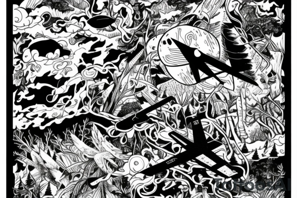 Air force fighter jet flying above a forest where a horse grazes near the forest tree line tattoo idea