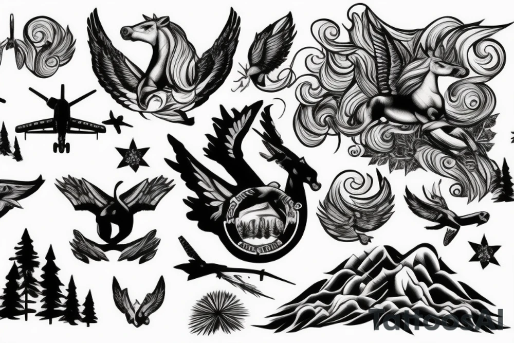 Fighter jet flying in the sky above a forest where a horse grazes near the forest tree line tattoo idea