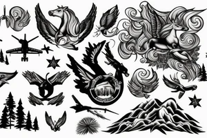 Fighter jet flying in the sky above a forest where a horse grazes near the forest tree line tattoo idea