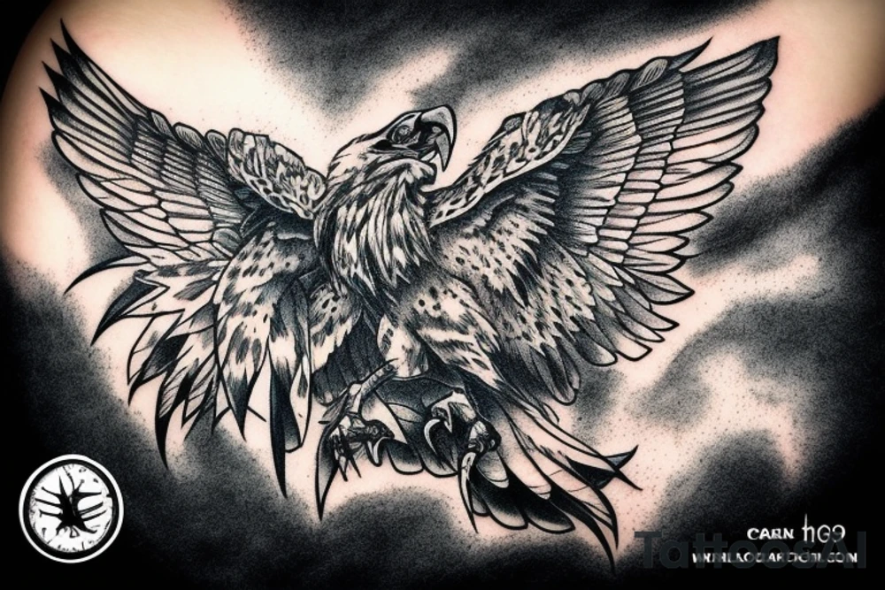 Fierce-looking hawk holding skull in talon. tattoo idea