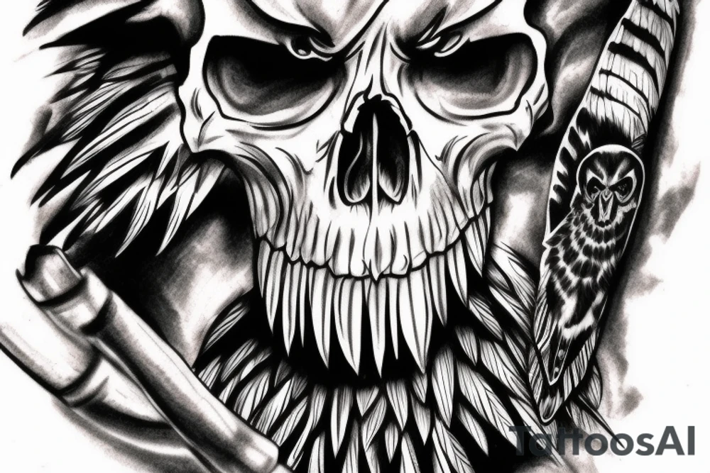 Fierce-looking hawk holding skull in talon. tattoo idea