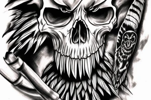 Fierce-looking hawk holding skull in talon. tattoo idea