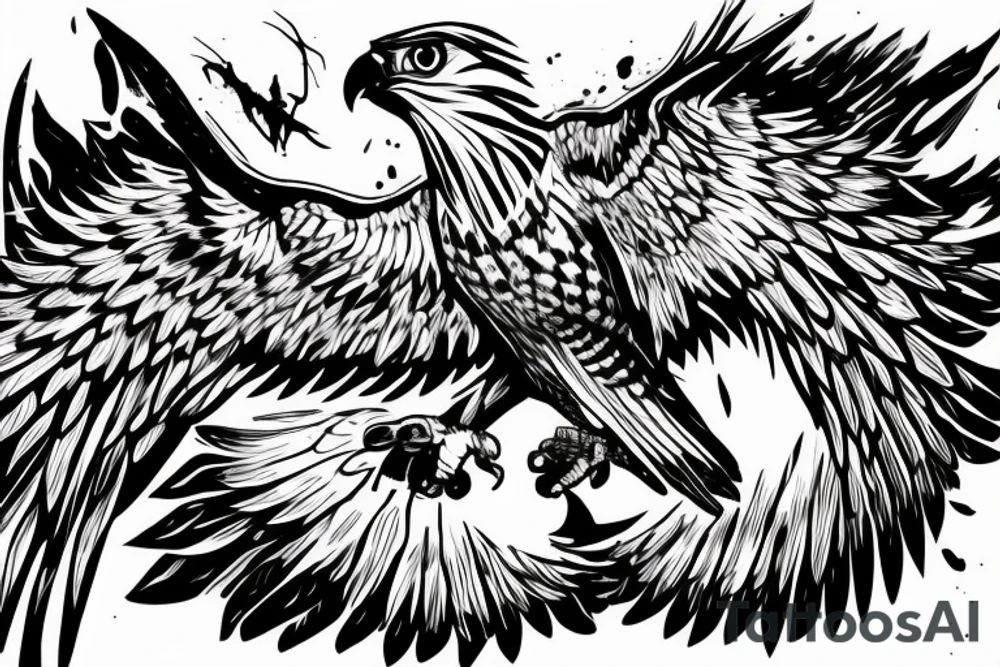 Fierce-looking hawk flying and holding skull in talon. tattoo idea