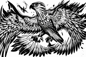 Fierce-looking hawk flying and holding skull in talon. tattoo idea
