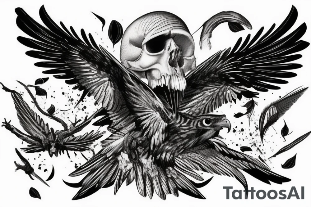 Fierce-looking hawk flying and holding skull in talon. tattoo idea