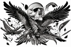 Fierce-looking hawk flying and holding skull in talon. tattoo idea