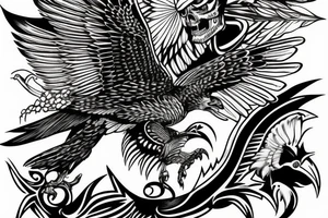 Fierce-looking hawk flying and holding skull in talon. tattoo idea