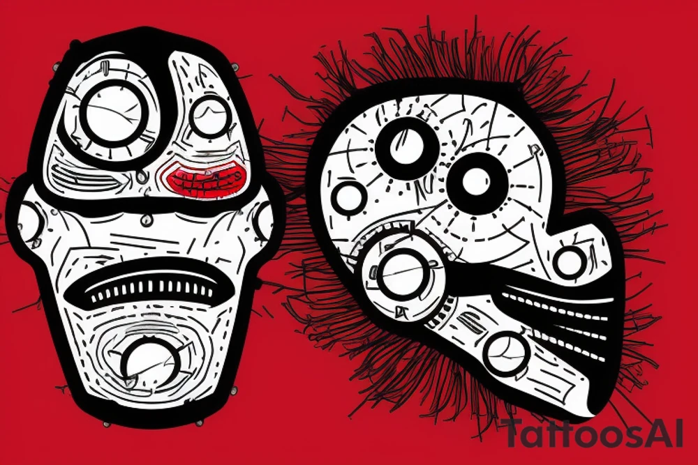 Robot face with mouth covered on barbed wires, red and black tattoo idea