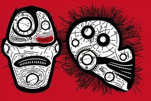 Robot face with mouth covered on barbed wires, red and black tattoo idea
