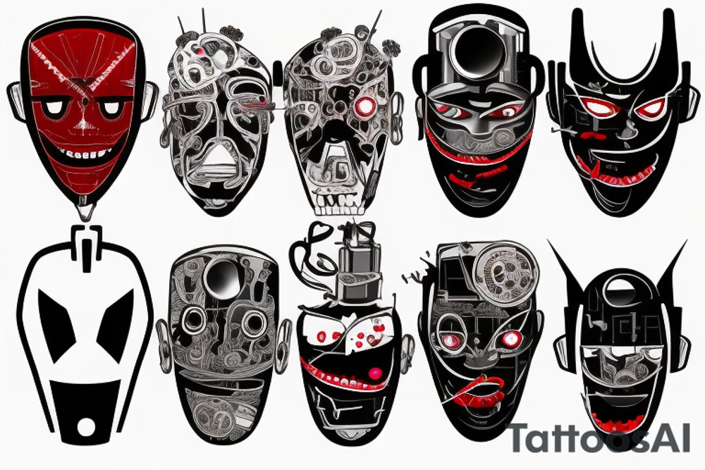 Robot face with mouth covered on barbed wires, red and black tattoo idea