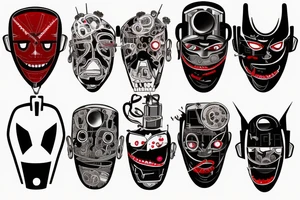 Robot face with mouth covered on barbed wires, red and black tattoo idea