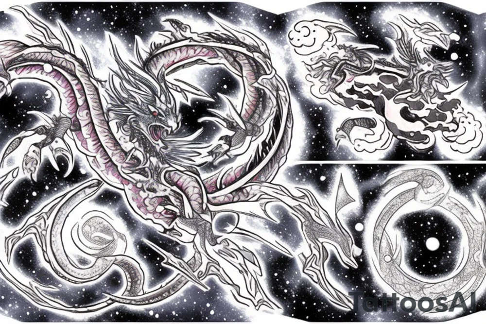 Intergalactic nebula dragon looping around tattoo idea