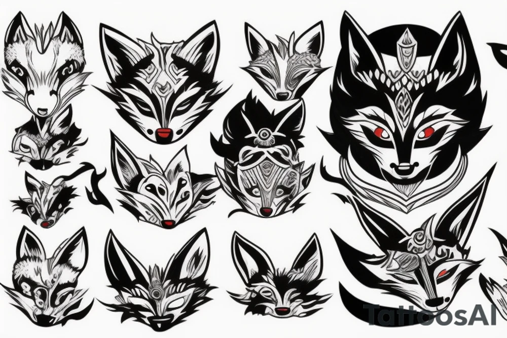 Oni mask with fox in background tattoo idea
