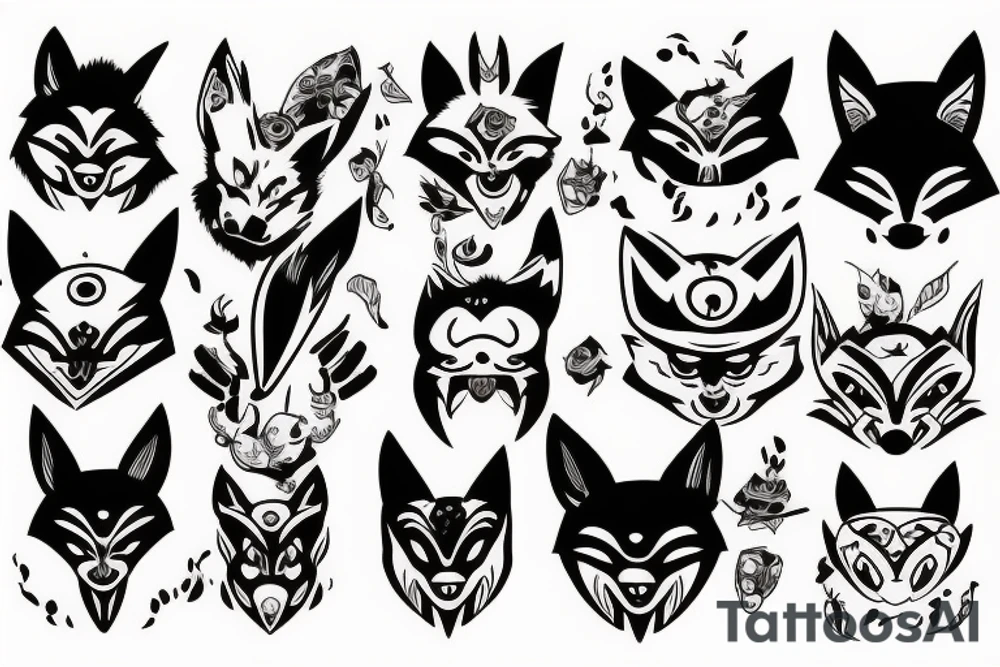 Oni mask with fox in background tattoo idea