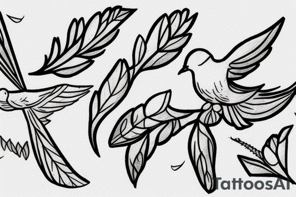Dove flying with an olive branch losing leaves the leaves turn to arrowheads tattoo idea
