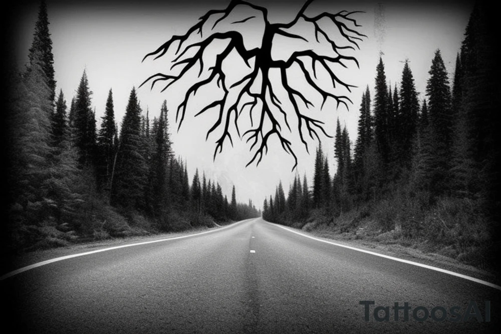 road going into the mountains, cracks in the road, trees tattoo idea