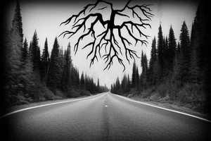 road going into the mountains, cracks in the road, trees tattoo idea