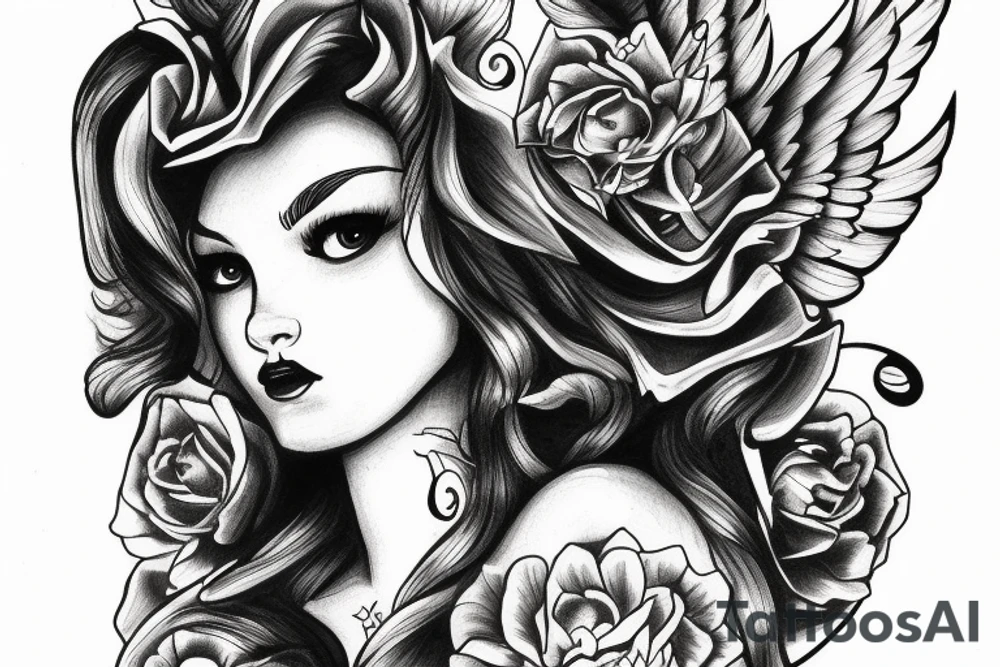 Female angel face  on clouds tattoo idea