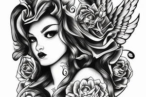 Female angel face  on clouds tattoo idea