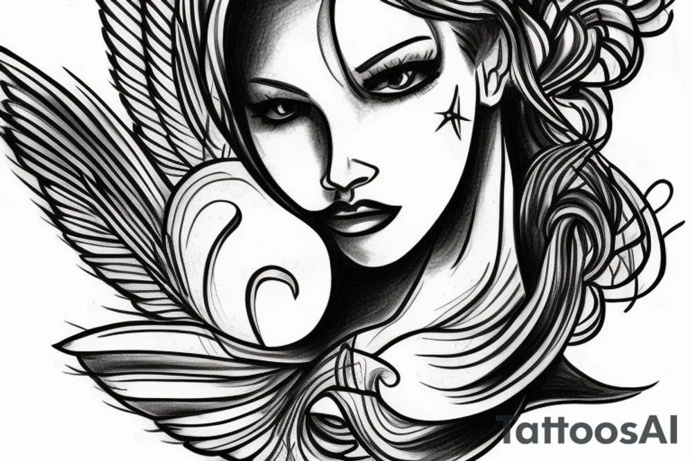 Female angel face  on clouds tattoo idea