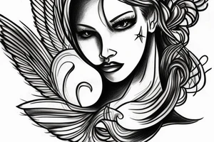 Female angel face  on clouds tattoo idea