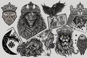 A knight, a lion, 6 stars, SPSJ, a candle, Phrygian cap, Mountains in the back ground, an eagle, a condor, tattoo idea