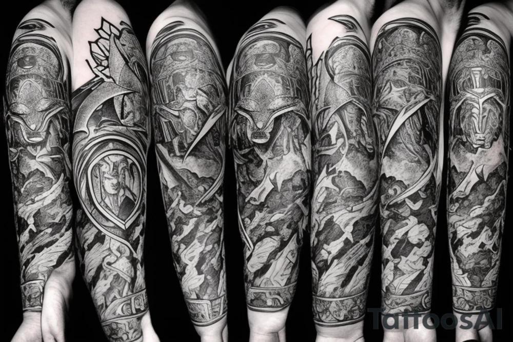 A knight, a lion, 6 stars, SPSJ, a candle, Phrygian cap, Mountains, an eagle, a condor, tattoo idea