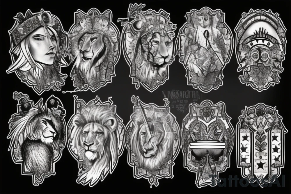 A knight, a lion, 6 stars, SPSJ, a candle, Phrygian cap, Mountains, an eagle, a condor, tattoo idea