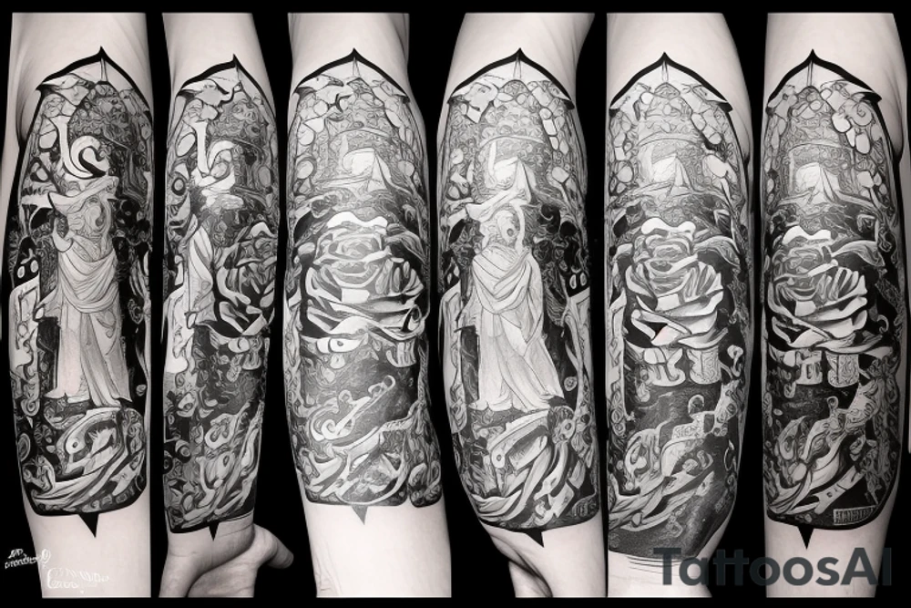 A knight, a lion, 6 stars, SPSJ, a candle, Phrygian cap, Mountains, an eagle, a condor, carnation, white rose tattoo idea