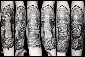 A knight, a lion, 6 stars, SPSJ, a candle, Phrygian cap, Mountains, an eagle, a condor, carnation, white rose tattoo idea