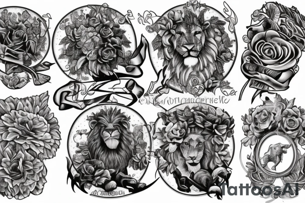 A knight, a lion, 6 stars, SPSJ, a candle, Phrygian cap, Mountains, an eagle, a condor, carnation, white rose tattoo idea