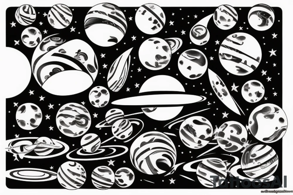 Pretty girl playing with planets the size of marbles tattoo idea
