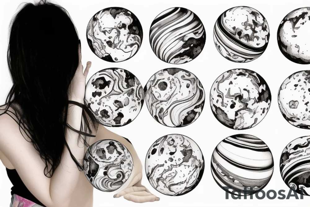 Pretty girl picking up marble sized planets tattoo idea