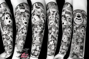 Up, Lilo & Stitch, Fox & Hound, 101 Dalmatians, Dumbo, Toy Story, Monsters Inc, Winnie the pooh with friends tattoo idea