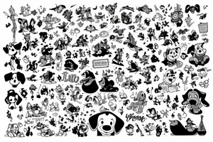 Up, Lilo & Stitch, Fox & Hound, 101 Dalmatians, Dumbo, Toy Story, Monsters Inc, Winnie the pooh with friends tattoo idea