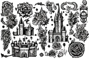 Castle with a moat and keeps ascending tattoo idea