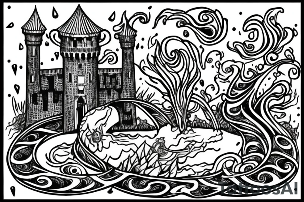 Castle with a moat and keeps ascending tattoo idea
