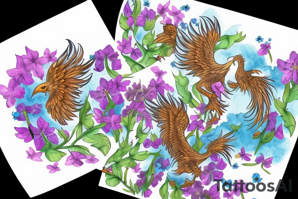 A phoenix rising from a field of forget-me-nots tattoo idea