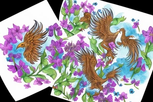 A phoenix rising from a field of forget-me-nots tattoo idea